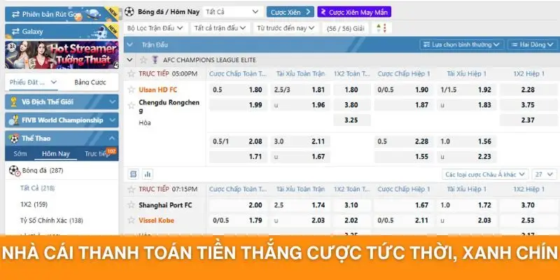 Nhà cái thanh toán tiền thắng cược tức thời, xanh chín